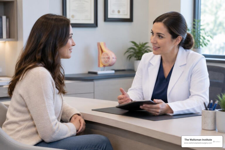 Adult woman discussing breast implant revision options with a female clinician in a private plastic surgery consultation room.